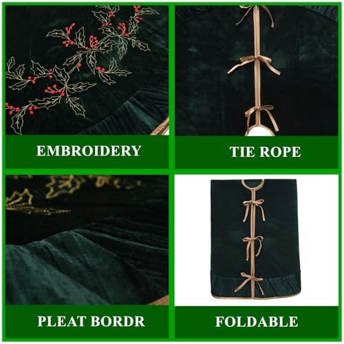 X.Sem Holly Leaf Embroidered Velvet Christmas Tree Skirt with Pleat Velvet Border 50'' (Dark Green, 50 inch) - Image 5