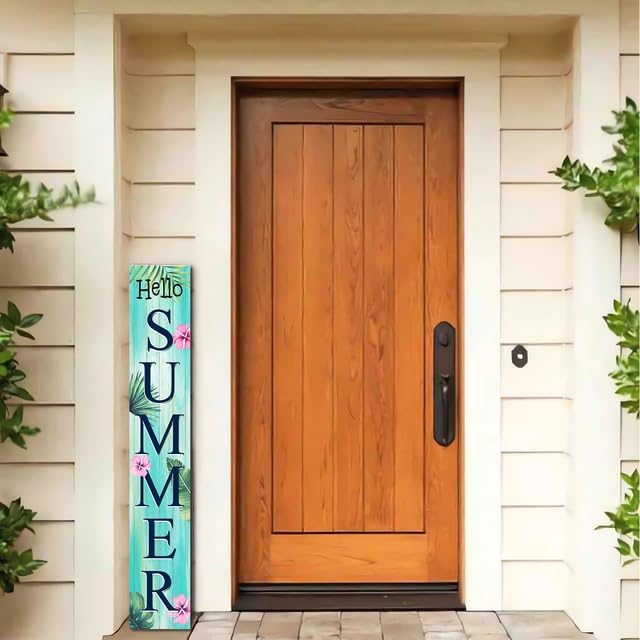 Hello Summer Tropical Plants Porch Board Welcome Solid Wood Sign and Porch Leaner for Front Door Porch Deck Patio or Wall Farmhouse Rustic Vertical Porch and Yard Decor 8”x48” - Image 3