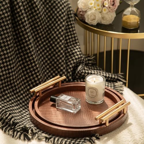 Modern Decorative Serving Tray, Set of 2 Modern Crocodile Leather Round Trays with Polished Metal Handles, Decorative Trays Coffee Table Tray Ottoman Platter for Home Decor (Brown) - Image 7