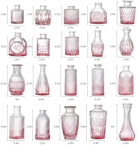 Glass Bud Vase Set of 20 - Small Vases for Flowers in Bulk - Assorted Vintage Crystal Vases for Flowers, Table Centerpieces (Pink, 20 Pcs) - Image 7