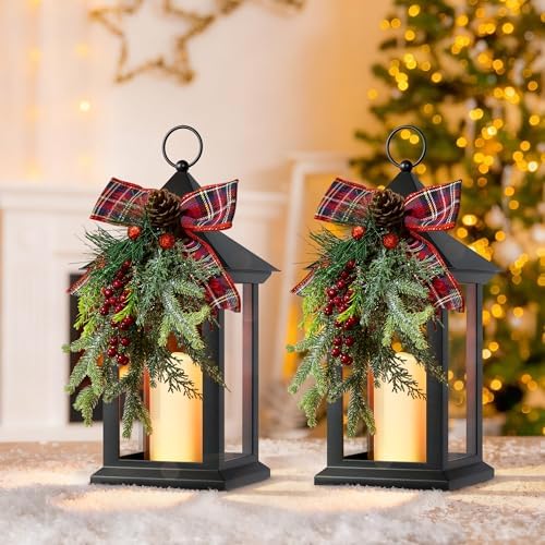 Christmas Decorative Lantern with LED Candle – Black Holiday Lantern with Pinecones, Red Bow – Battery Operated Christmas Table Centerpiece for Indoor/Outdoor Decor(2pack) by JOHUNT