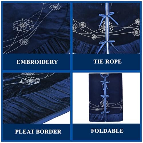 X.Sem Snowflakes Embroidered Velvet Christmas Tree Skirt with Pleat Velvet Border 50'' (Navy, 50 inch) - Image 5