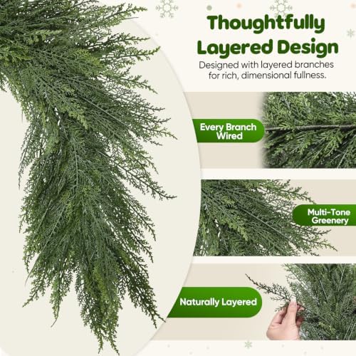 6FT Christmas Garland Full Layered Greenery Real Touch Cedar Garland - Image 2
