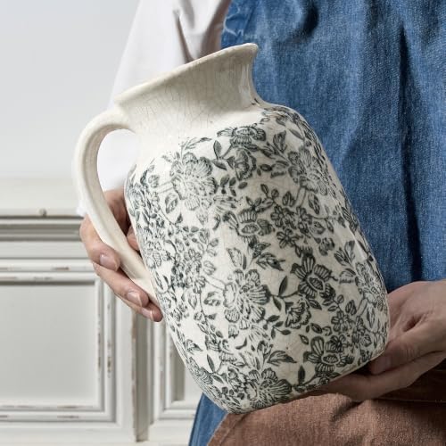 Ceramic Vintage Vase Flower Decorative Vase Chinoiserie Decor Rustic Farmhouse Retro Floral Vases for Table Bookshelf Mantel Kitchen Living Room Office - 9.5" Gray - Image 3