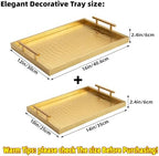 Modern Elegant Large Wood Serving Tray, Set of 2 Gold Crocodile Leather with Gold Polished Metal Handles, Home Decorative Rectangle Ottoman Decor Platter Living Room Bathroom Vanity Tray - Image 2