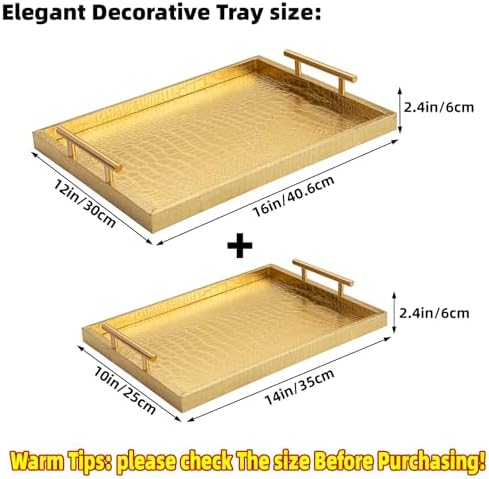 Modern Elegant Large Wood Serving Tray, Set of 2 Gold Crocodile Leather with Gold Polished Metal Handles, Home Decorative Rectangle Ottoman Decor Platter Living Room Bathroom Vanity Tray - Image 2
