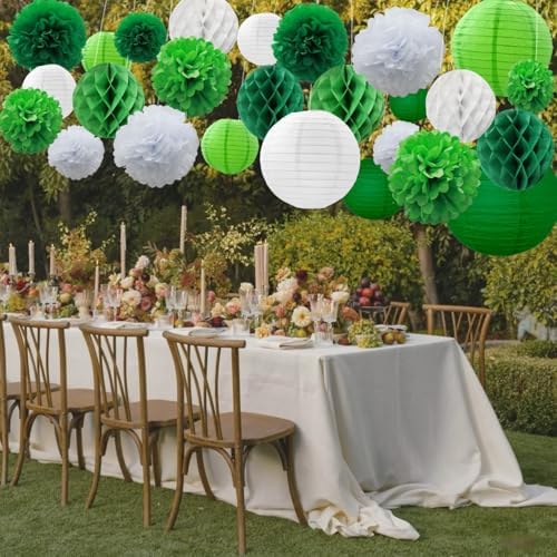 WOLHOWLTD 33 Pcs Green White Paper Lanterns, Pompoms, Honeycomb Decorations for St. Patrick's,Safari,Jungle,Dinosaur Theme Birthday Home Party Decoration(Green White) - Image 3