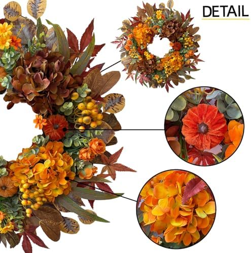 HipTree 24 Inch Fall Wreath for Front Door with Hydrangea&Velvet Pumpkin - Image 2