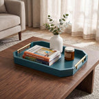 Decorative Wood Serving Tray with Polished Gold Handles, Octagon MDF Tray, Glossy Finish, 16x12 Inch, for Coffee Table, Ottoman (Teal) - Image 6