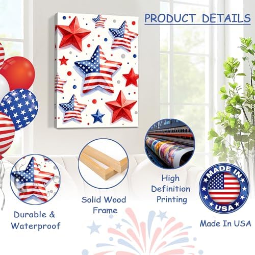 July 4th Patriotic Canvas Wall Art 4th of July USA Decorations American Flag Red Blue Star Picture Wall Decor Independence Day Home Decor 16x24in - Image 4