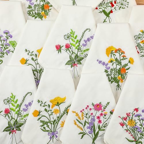 Tioncy 18 Pcs 12 Pack 18" Wildflower Embroidered Cloth Napkins, White by Tioncy