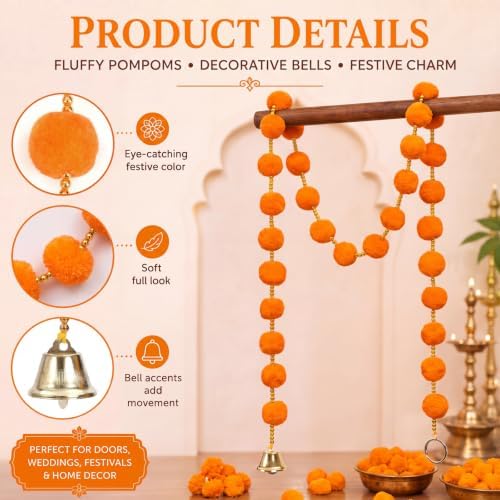 Suncalla 12 Pcs 4 Ft Marigold Garland Gold Bell,Orange - Image 3