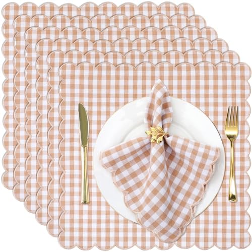SmoothNovelty 24 Pack Buffalo Plaid Cloth Napkins 18x18 Inch Checkered Cloth Napkins Scalloped Soft Cotton Table Mat Washable Reusable for Dinner Wedding Holiday Birthday Parties (Classic,Khaki) by SmoothNovelty