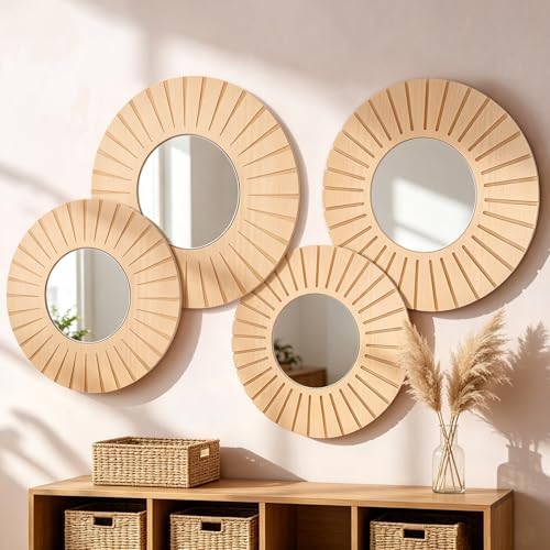 Yerliker 4 Pack Boho Wall Decor Mirror 12" 10" Hanging Baskets Wall Art Decorative Round Mirror with Wooden Frame Rustic Farmhouse Home Decor for Bedroom Living Room Dining Room Nursery by Yerliker