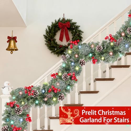 Timer - 9Ft by 10 Inch Prelit Christmas Garland with 50 Colorful Lights, Thick 270 Snowy Tips 70 Red Berry 10 Pinecone Battery Operated 8 Mode Real Touch Cedar Valentines Garland Mantle Indoor Outdoor - Image 5