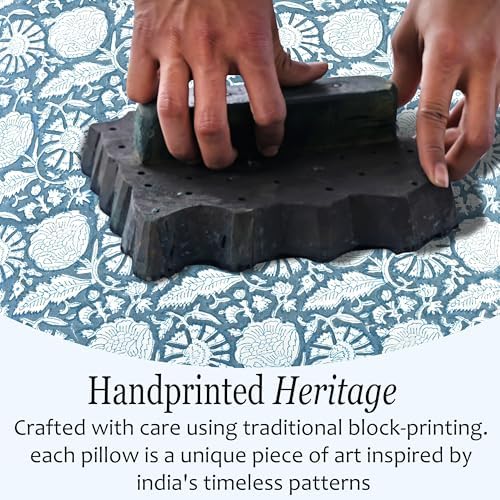 CPC Blue Meadow Hand Block Print 100% Cotton Ruffle Throw Pillow Cover 20x20 inch with Hidden Zipper Decorative for Couch, Bed, Sofa, Farmhouse, Cottagecore Decor Gift Christmas Fall Thanksgiving - Image 3