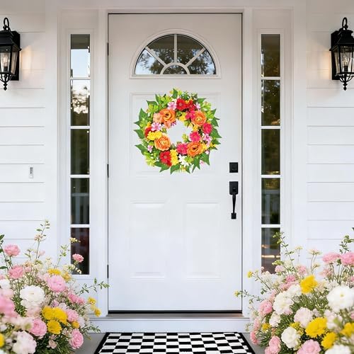 zjlmit 20 Inch Spring Wreath for Front Door, Artificial Silk Flower Wreath on Grapevine Base with Orange Rose-Style Blooms, Multicolor Floral Accents and Greenery, Indoor Wall Entryway Decor - Image 7