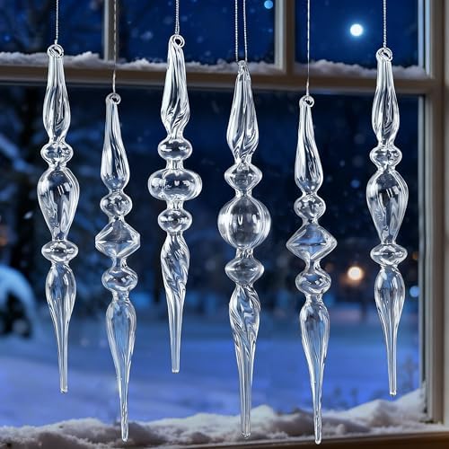 Clear Glass Finial Christmas Ornaments,10-Inch Hanging Decor for Tree, 6-Pc by OuMuaMua