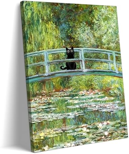 XYHYRA Framed Black Cat Canvas Wall Art, Vintage Monet Landscape Water Lilies Wall Decor Painting, Funny Cat Poster Prints Picture for Bedroom Bathroom Living Room Room Aesthetic Decor 16x24 inch by Unknown