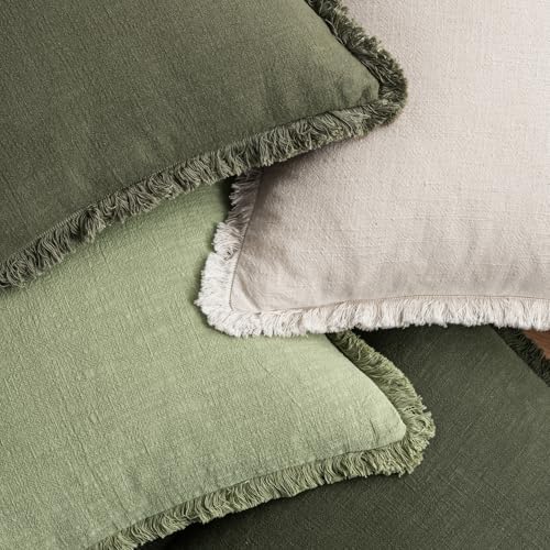 MIULEE Fall Linen Fringe Pillow Covers Set of 4 18x18 Beige/Sage Green - Image 6