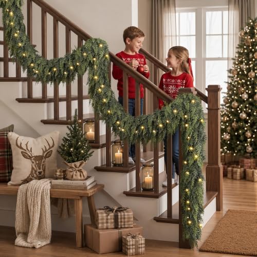 2PCS 12FT (24FT) Pre-Lit Cedar Christmas Garland with Lights, Mantel Decor. - Image 6