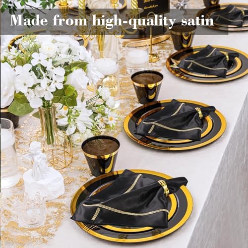 VIJIV 12 Pack Bling Satin Cloth Napkins & Gold Napkin Rings Set of 6 Black - Image 2