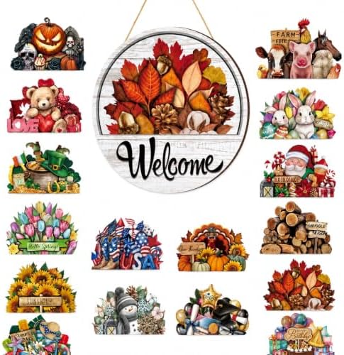 Interchangeable Welcome Sign for Front Door, 11.8In Wooden Door Sign，16 Pcs by Unknown