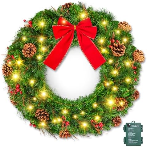 Brightown 24 Inch Pre-Lit Christmas Wreaths for Front Door, 50LED by Brightown
