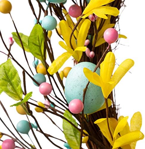 Glitzhome 22" D Easter Wreath with Easter Eggs Berries and Forsythia for Front Door Wall Window Spring Easter Garland with Colored Eggs Berries Holiday Decoration - Image 4