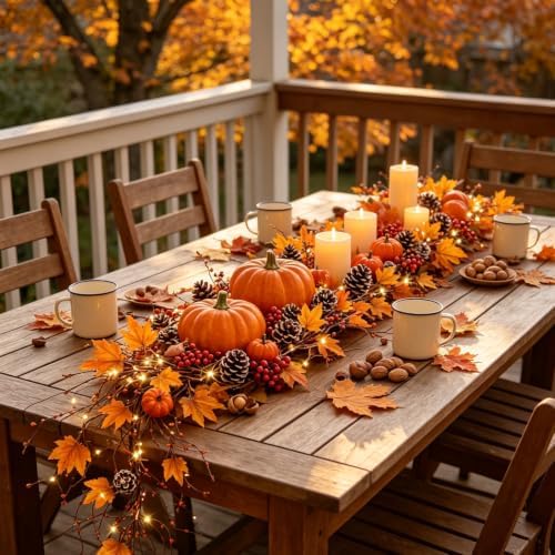 5 FT Fall Garland with Lights, Fall Maple Leaf Garland with Pumpkin Berries Pinecones Outdoor Thanksgiving Autumn Centerpiece Decorations for Home Door Fireplace Porch - Image 5