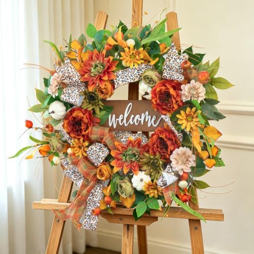 24 Inch Fall Wreaths for Front Door, Autumn Wreath with Welcome Sign - Image 4