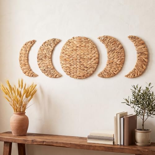 Leinuosen 5 Pcs Boho Moon Phase Wall Decor, Woven Water Hyacinth Hanging - Image 6