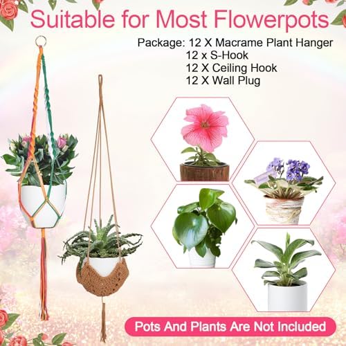 Hoteam 12 Pcs Macrame Plant Hangers Macrame Hanging Planters for Indoor Plants Handmade Boho Hanging Baskets Flower Pots Holder for Outdoor Home Wall Decor - Image 5
