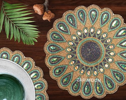 Set of 2 Handmade Beaded placemat, Green Peacock Feather Round Table mat Centerpiece Table Decor House Warming Decoration Gift for her, Charger Plate ZARIMOON - Image 3