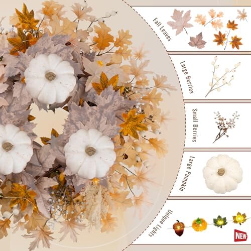 26 Inch Fall Wreath for Front Door,Autumn Wreath with Lights, Artificial Pumpkin Maple Leaves Berries Autumn Harvest Fall Wreaths for Home Porch Thanksgiving Halloween Indoor Outdoor Decorations - Image 4