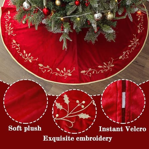 Bunny Chorus Christmas Tree Skirt, 60 Inch Red Christmas Tree, Large Rustic Velvet Fur Plush Tree Skirts, Xmas Tree Skirts with Gold Embroidered Holly Leaf for Christmas Tree Decorations - Image 4