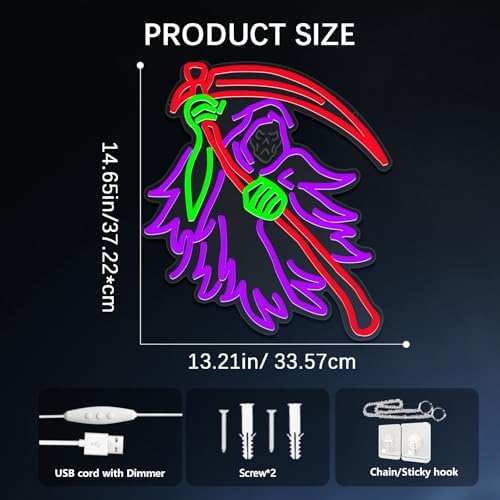 Halloween Grim Reaper Neon Sign – Spooky Halloween LED Wall Light, USB Powered Dimmable Horror Neon Sign for Wall Decor, Game Room, Man Cave, Gothic Bedroom, Haunted House, Seasonal Holiday Gift - Image 2