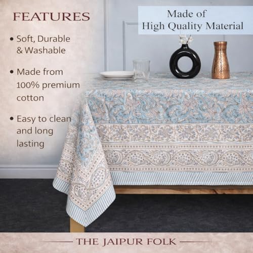 TJF Floral Skyblue Hand Block Print Square Tablecloth 60 x 60 Inch - Image 4