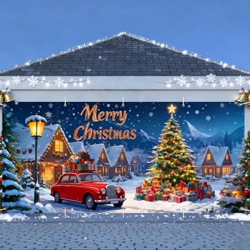 Merry Christmas Garage Door Banner 7x16FT Snowy Village Scene with Car & Tree, Holiday Garage Door Cover for Outdoor Xmas Decorations - Image 2