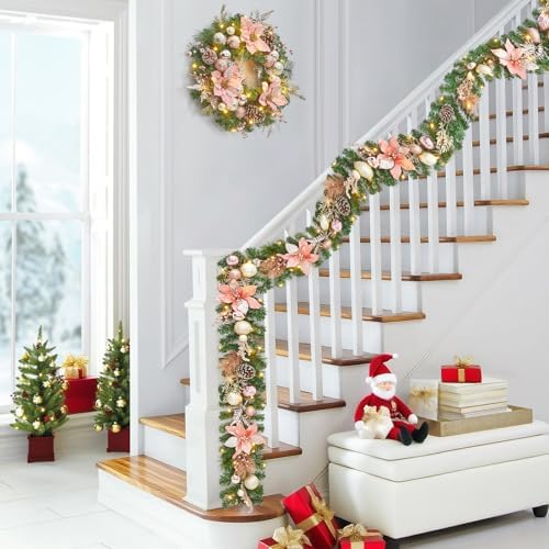 Garvee 9 ft Christmas Garland with Lights for Mantle, Rose Gold - Image 2