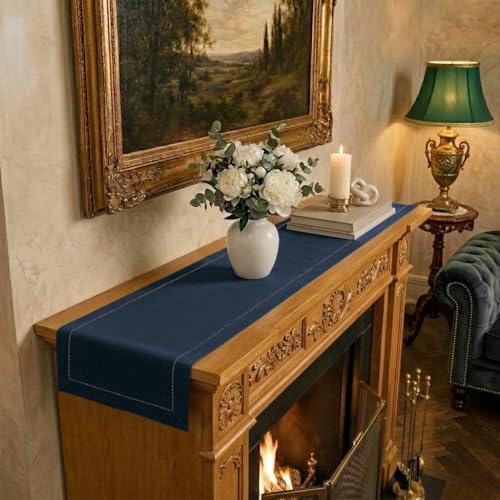 Signature Linen™ by D'Moksha, Navy Blue Table Runner 60 Inches, 100% Pure Linen, Hemstitch, Coffee Table Runner, 14 x 60 Inch for Dresser Tables- Fall, Weddings, Outdoor Hosting by DMokshaHomes