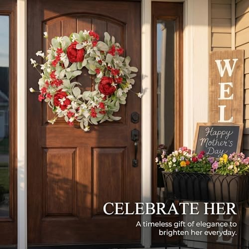 20 Inch Red Peony Wreath for Front Door, Romantic Lambs Ear Greenery with White Flowers, Elegant Wedding Decor, Spring Summer Artificial Floral Wall Accent - Image 2