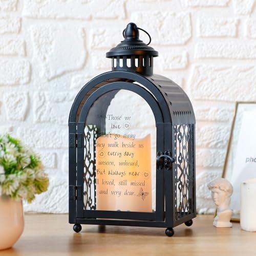 TRIROCKS Memorial Lantern 11'' High Walk Beside Us Remembrance Lantern With Automatic Timer LED Candle And Love Pattern Bereavement Sympathy Gifts For Funeral Memorial Service Loss of Loved One(Black) - Image 5