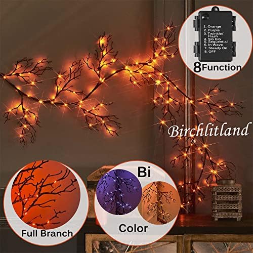 Birchlitland Halloween Lighted Garland 6FT 120L Orange and Purple Bi-Color LED Lights 8 Functions, Black Glittered Garland Lights Battery Operated for Indoor and Outdoor Halloween Party Decoration - Image 4
