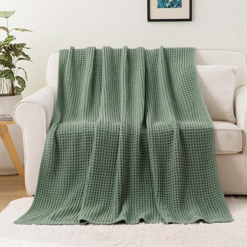 Sage Green Waffle Knit Throw Blanket for Couch, Chenille Blanket 60x80 in - Image 4