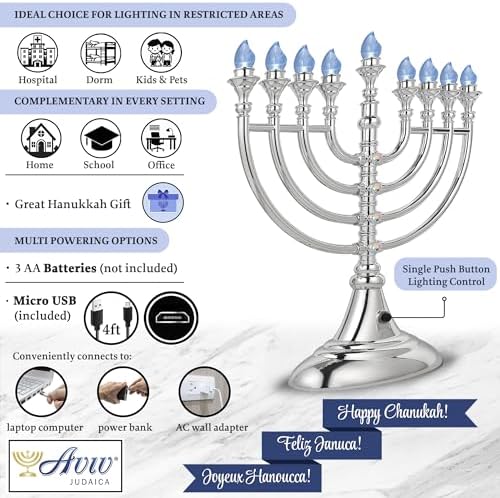 Traditional LED Electric Hanukkah Menorah - Battery or USB Powered, Includes Micro USB Cable (Metallic Silver, 6) - Image 4