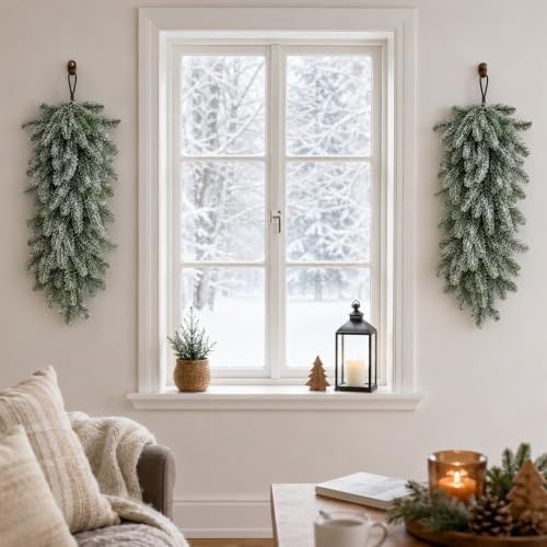 2 Pcs Extra-Long Snow Christmas Teardrop Swag, Artificial Frosted Door Swag - Image 6