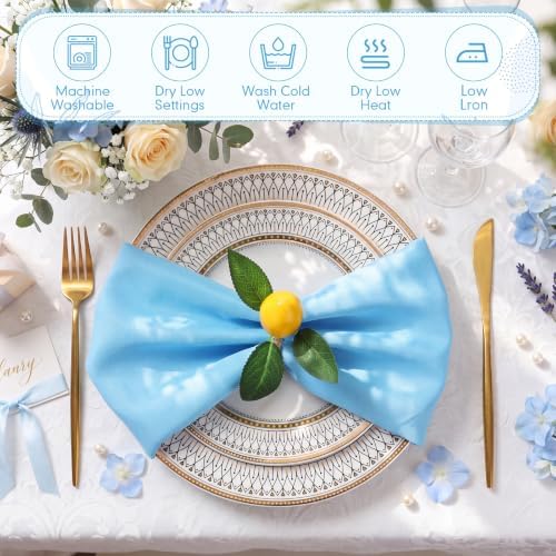 Preboun 24 Pcs Blue Cloth Napkins 19"x19" with Lemon Napkin Rings - Image 4