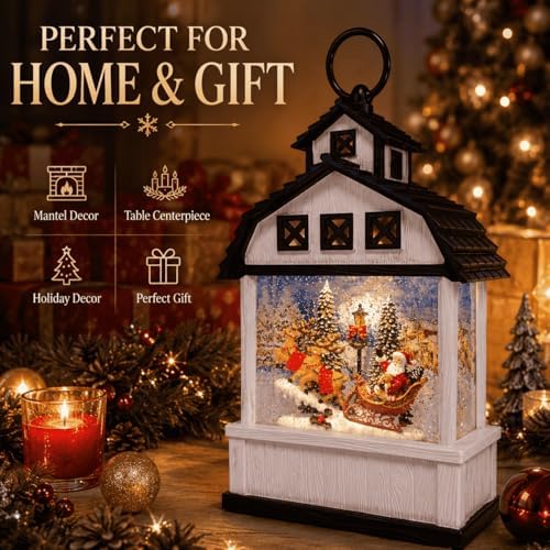 12.6" Christmas Snow Globe Lantern, White Barn Water Glittering Lantern with Santa Sleigh & Reindeer, Lighted Christmas Lantern with 6H Timer, Battery Operated Farmhouse Holiday Tabletop Decor Gift - Image 6