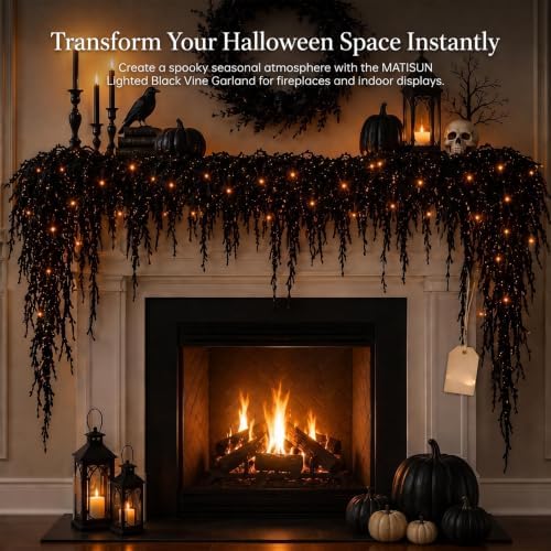 Halloween Garland with Lights, Black Vine Garland for Fireplace Mantel, Halloween Mantel Decor, Gothic Party Decoration, Flexible Indoor Hanging Decor (9 FT (2.7M)) - Image 2